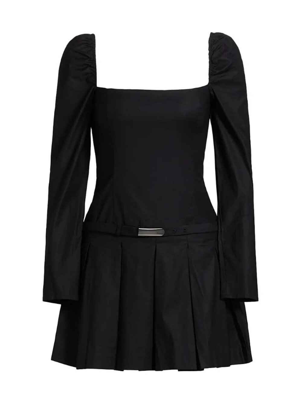 Reformation Dress Size 6 Mini Luella Poplin Long Sleeve Black Pleated Square Nec - Picture 5 of 14